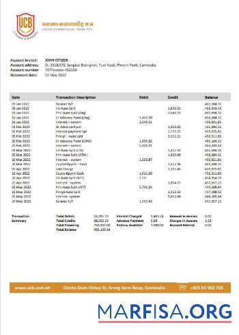 Downloadable Cambodia Union Commercial bank statement word example